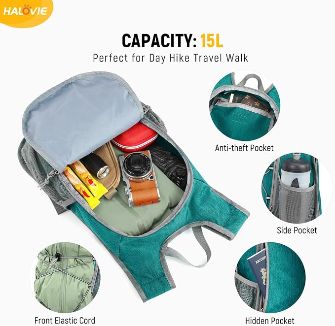 HALOVIE 15L Foldable Hiking Backpack Phone Pocket Lightweight Travel Daypack - Image 3