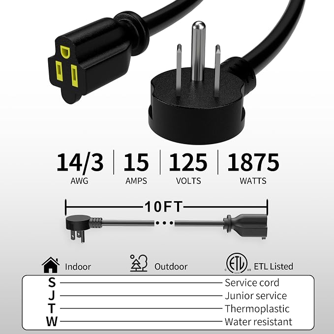 Vockjour 10 FT Black Low Profile Flat Plug 14 Gauge Heavy Duty Extension Cord - Image 2
