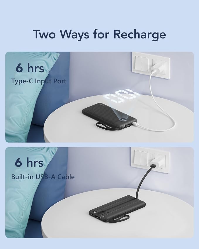 VRURC Portable Charger with Built in Cables, Slim Power Bank 10000mAh, USB C - Image 5
