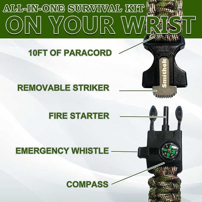 Smithok Paracord Survival Bracelet-Length Adjustable, Loud Whistle Emergency - Image 4