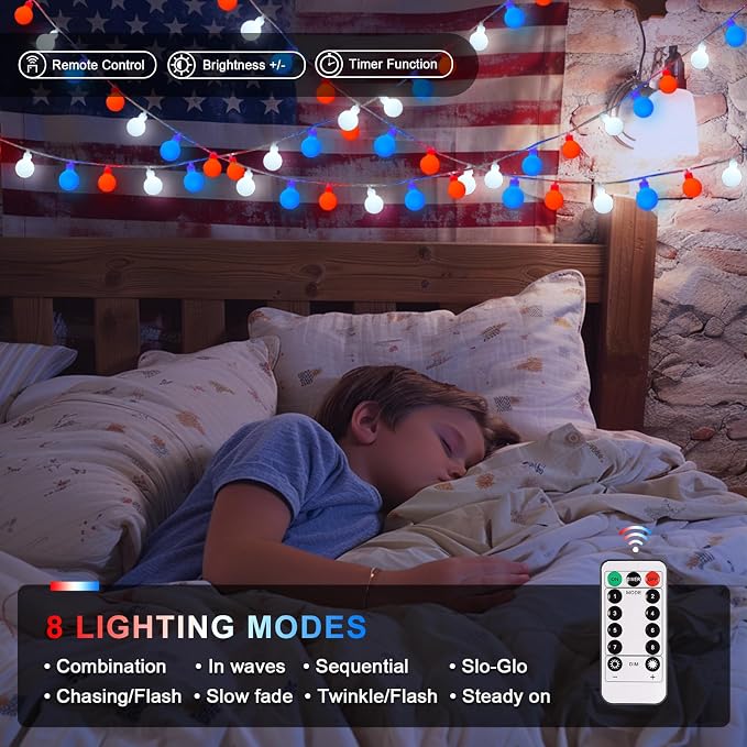 JMEXSUSS Red White and Blue Lights Battery Operated, 33ft 4th of July Lights - Image 3