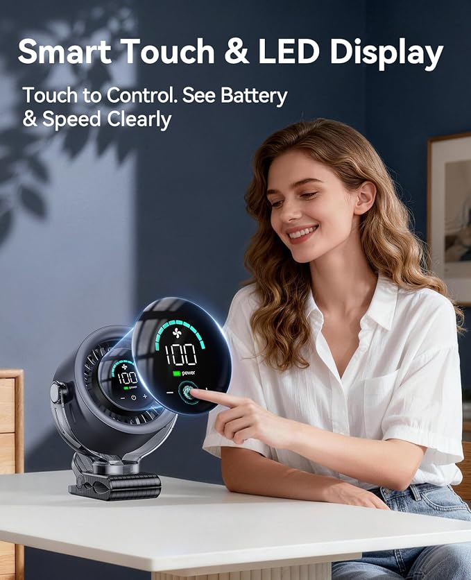 KIMMOO 4000mAh Rechargeable Portable Clip on Fan-100-Speed Touch Control - Image 6