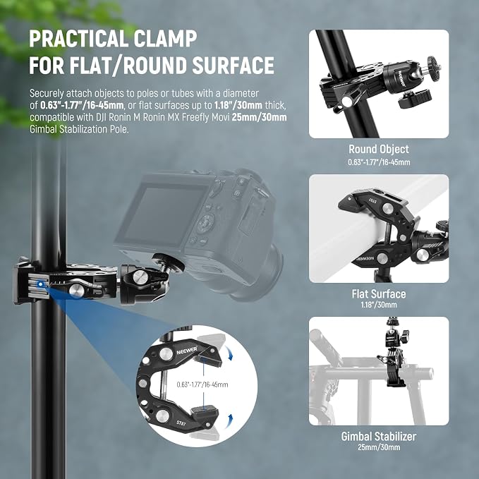 Neewer Super Clamp with Ballhead, Cold Shoe, Phone Holder and Action Camera - Image 3