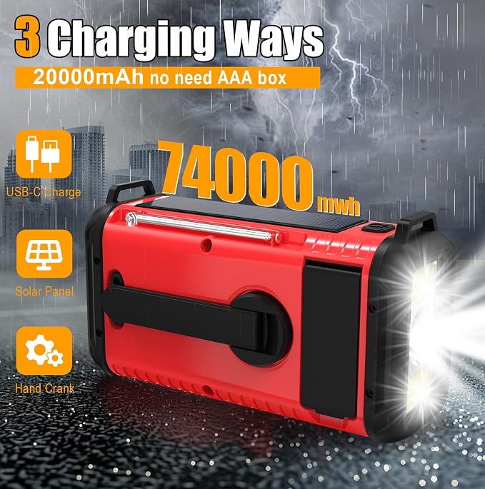 NOAA Weather Radio 20000mAh Battery Powered｜Solar Hand Crank Emergency Radio - Image 5