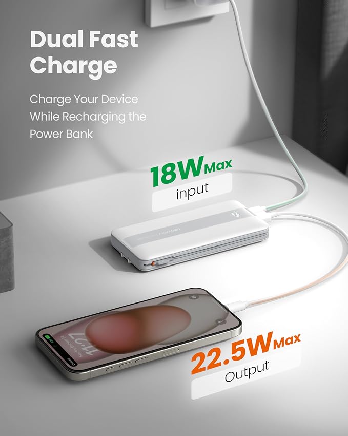 Fast Charging Power Bank, USB C Portable Charger Built-in Cables and Wall Plug - Image 3