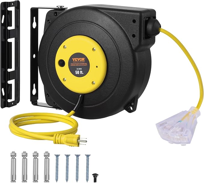 VEVOR Retractable Extension Cord Reel, 50 FT, Heavy Duty 14AWG/3C SJTOW by VEVOR