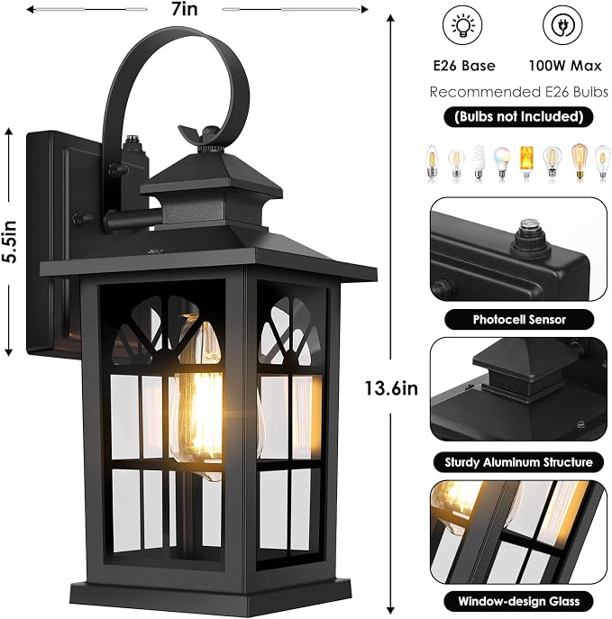 2-Pack Dusk to Dawn Outdoor Wall Light Fixtures, Aluminum Exterior Lighting - Image 7