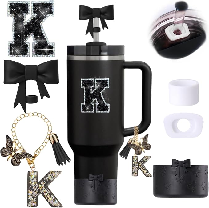 6pcs Black Stanley Cup Accessories Set, Bow Straw Topper by MOTEERLLU