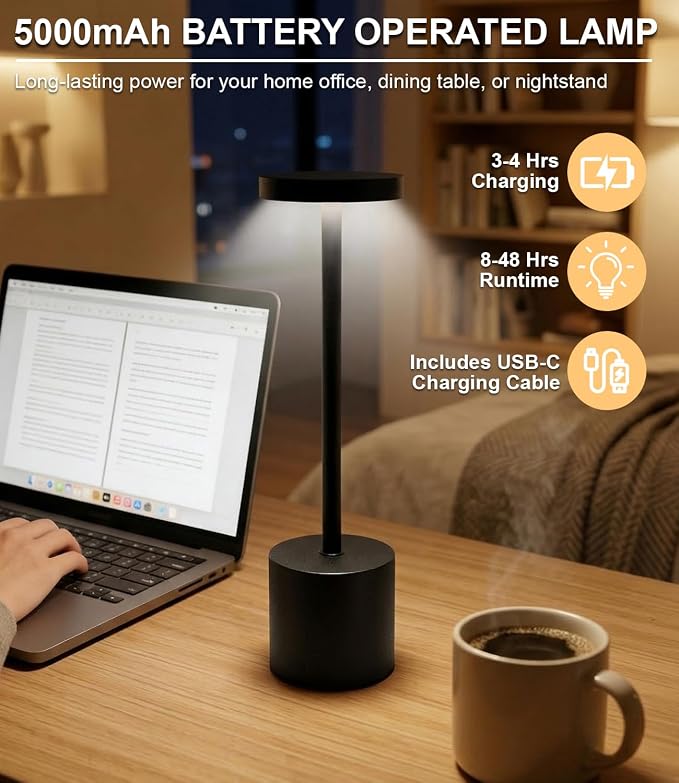 Swinerton Black Cordless Table Lamp, Rechargeable 5000mAh Battery Powered - Image 2