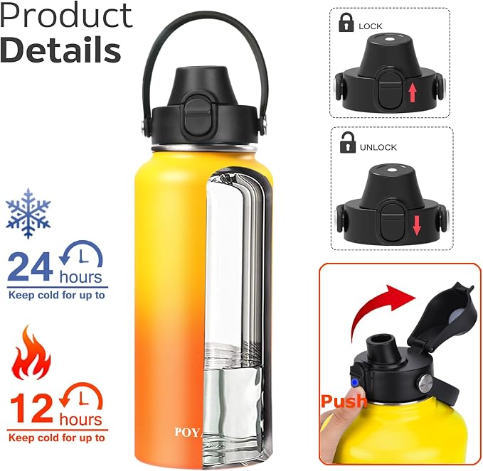 Water Bottle Insulated 32oz 40oz 64oz 128oz Straw Lid Spout Lid & 3 Lids - Image 2