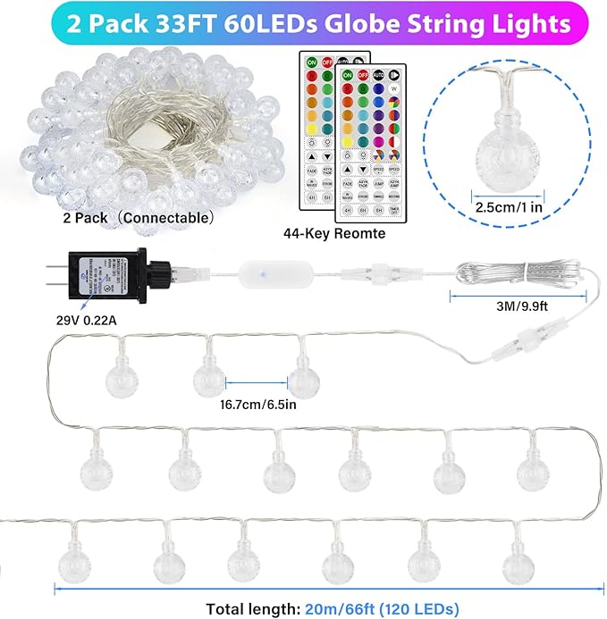 OMIKA Globe Outdoor String Lights Plug in, Connectable 66ft 120LED Crystal Ball - Image 3