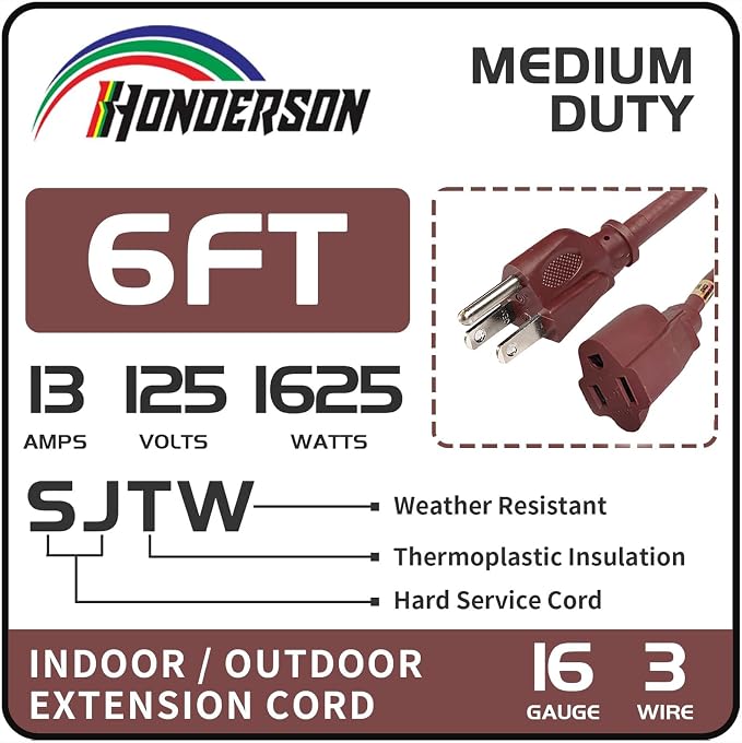 6FT Brown Outdoor Extension Cord-16/3 SJTW Durable Extension Cord - Image 2