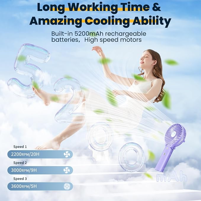 HandFan 5200mAh Handheld Fan Rechargeable, 20H Runtime Hand Fan, 3 Speeds - Image 3