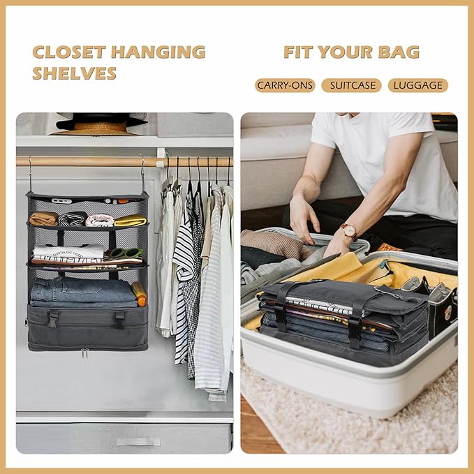 Surblue Hanging Closet Storage Bag Collapsible 3-Shelf Washable Oxford Fabric - Image 2
