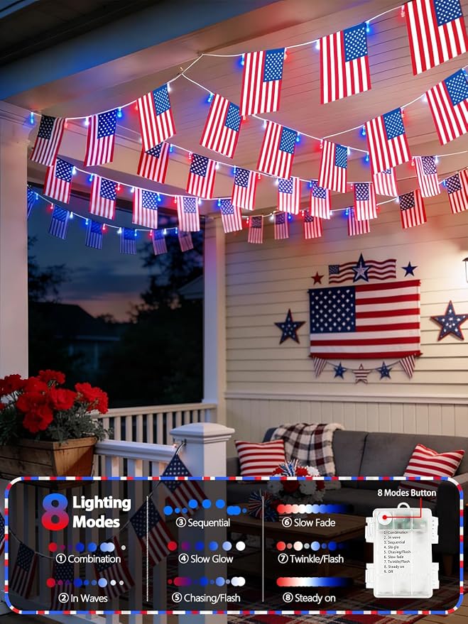 4th of July Decoration, 24FT 50LED Red White and Blue String Lights 25 American - Image 2