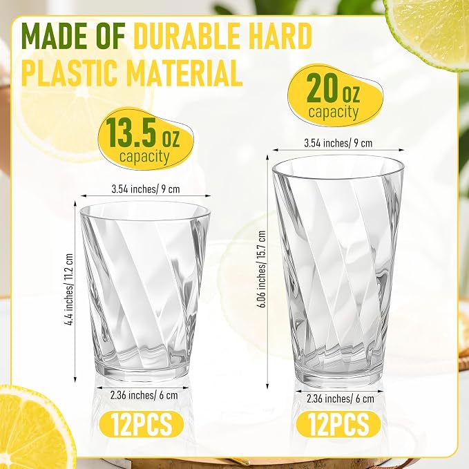 LemonRoad 24 Pack Reusable Plastic Drinking Glasses Set - 20oz & 13.5oz - Image 2