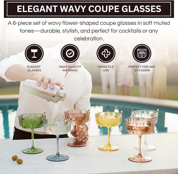 Khen Shatterproof Acrylic Flower Wavy Vintage Art Deco Martini, Champagne & - Image 4
