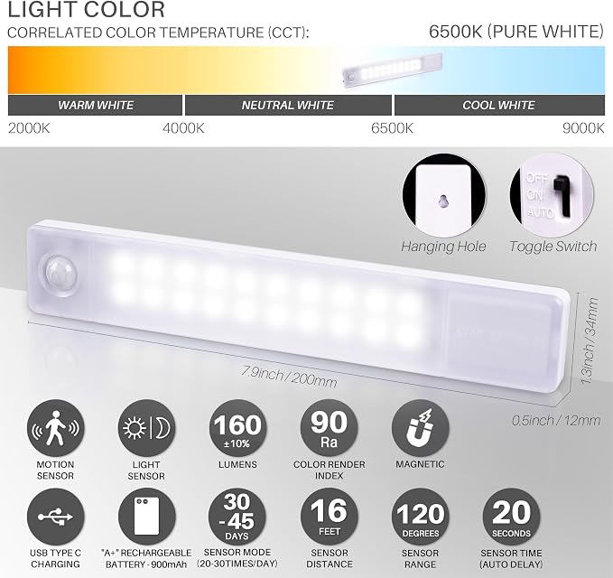 STAR-SPANGLED Under Cabinet Lighting Rechargeable, 8 inch Motion Sensor Lights - Image 2