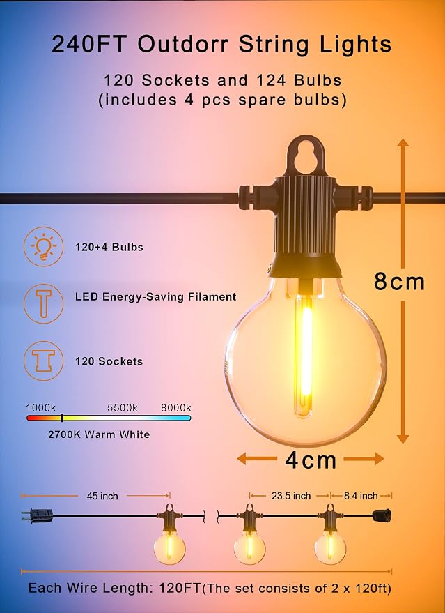 Zuske Outdoor String Lights Waterproof, 240FT Patio Lights - Image 5