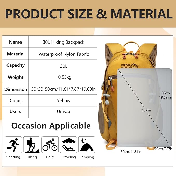 Hiking Backpack With Rain-cover, 30L Travel Backpacks - Image 2