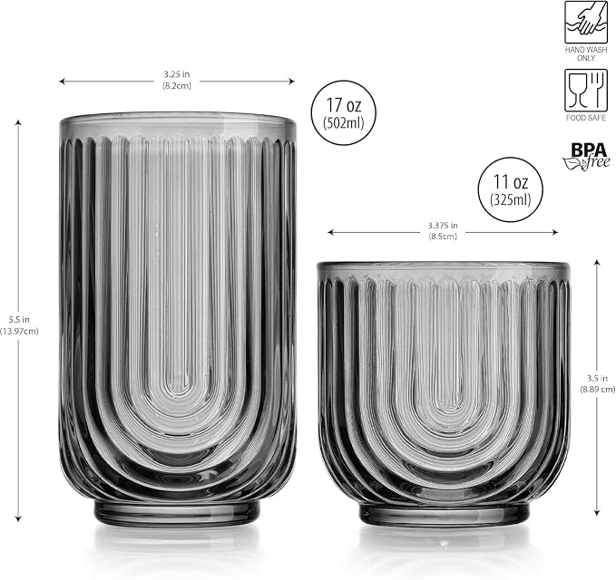 16 Piece Smoke Glassware Set, Art Deco Black Drinking Glasses, Ribbed U-Shape - Image 2