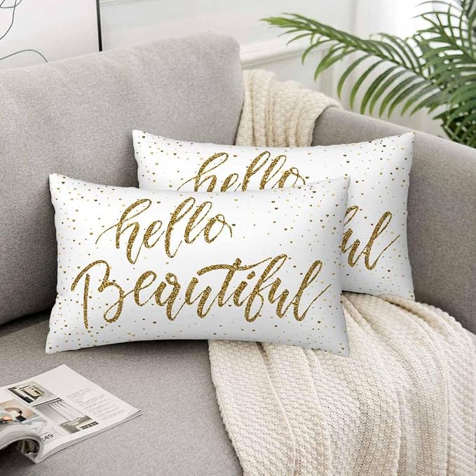 Hello Beautiful Bling Pillow Covers 12 X 20 Gold Glitter Motivational Quote Set - Image 5