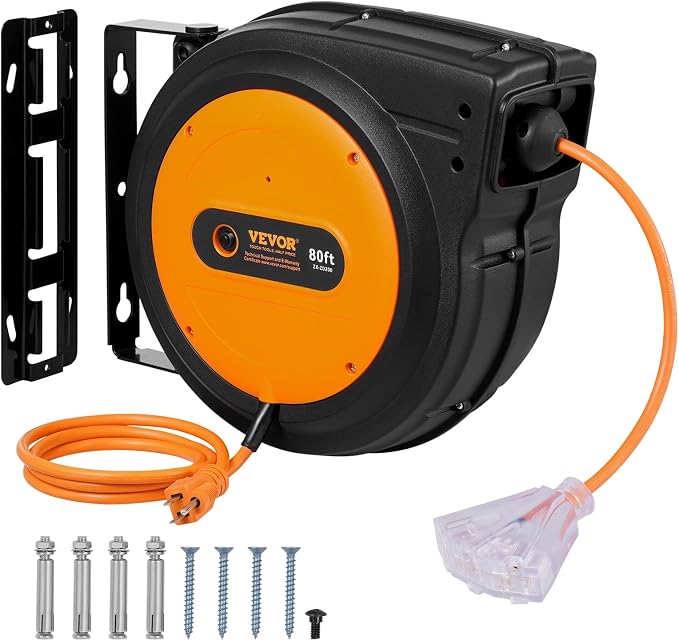 VEVOR Retractable Extension Cord Reel, 80 FT, Heavy Duty 12AWG/3C SJTOW by VEVOR