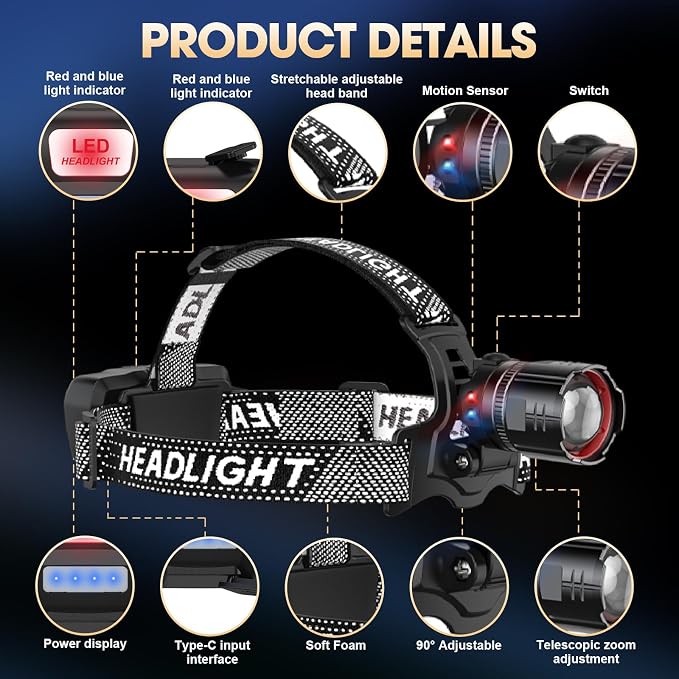 Headlamp Rechargeable Super Bright, 2 Pack High Lumen LED Head Lamp - Image 8