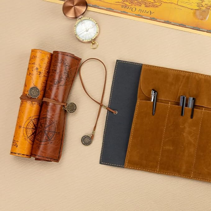 4 Pieces Leather Pencil Case, Creative Map Rollup Pencil Bag, Vintage Makeup - Image 4