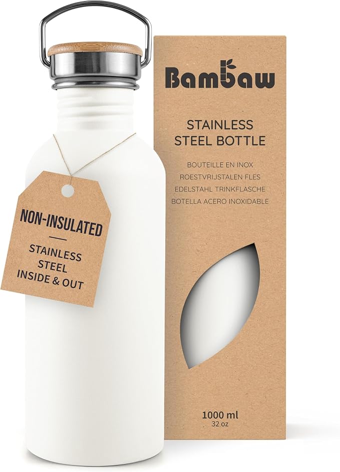 Bambaw Metal Water Bottle, Reusable Non-Insulated Sports Bottle, 1 Litre by Bambaw