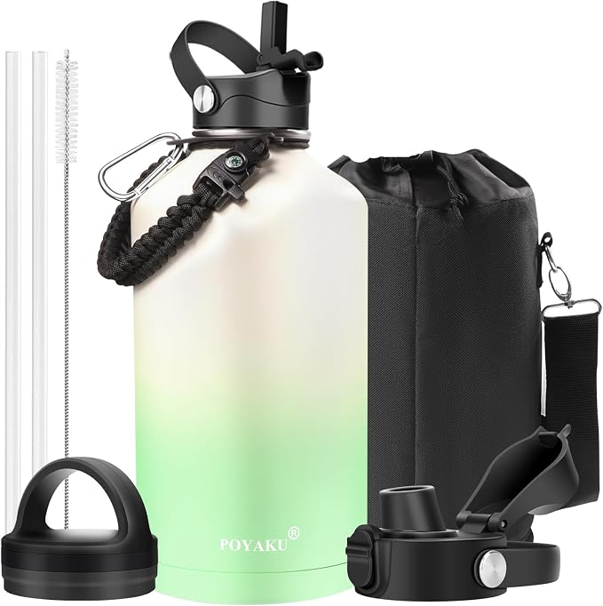 Water Bottle Insulated 32oz 40oz 64oz 128oz Straw Lid Spout Lid & 3 Lids by POYAKU