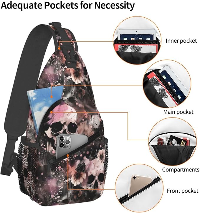 Flowers And Skulls Sling Bag For Women Men Halloween Backpack Crossbody Skull - Image 4
