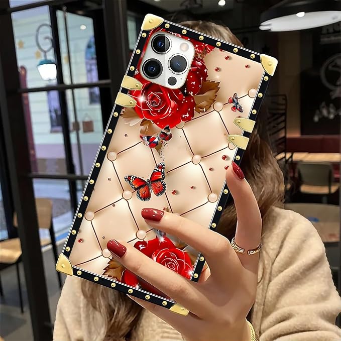 Compatible with iPhone 12 12 Pro Case, Shining Red Rose Butterfly Leather - Image 6