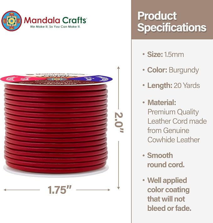 Mandala Crafts Round Genuine Burgundy Leather Cord - Image 4