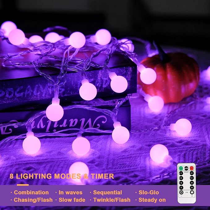 JMEXSUSS 100 LED Purple Globe String Lights Battery Operated, 33ft 8 Modes - Image 4