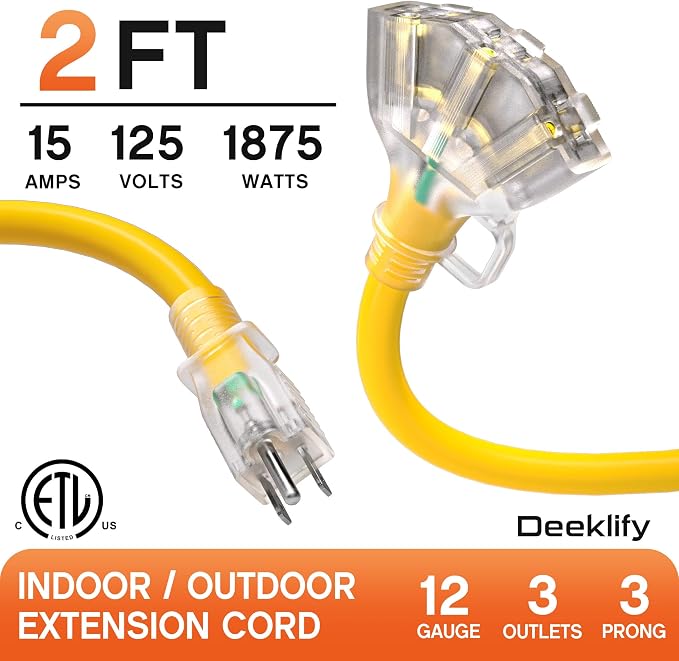 2 ft 12 Gauge Heavy Duty 3 Outlet Extension Cord Splitter - Image 2