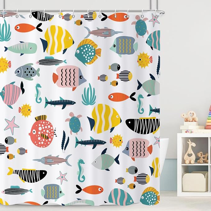 Kid Shower Curtain, Colorful Cartoon Tropical Fish Ocean Beach Theme Bath - Image 3