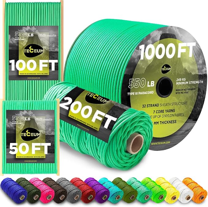 TECEUM Reflective Paracord Rope 1000 – 1000ft/200ft/100ft/50ft – 40+ Colors – by TECEUM