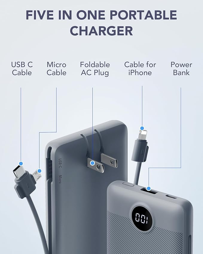 VRURC Portable Charger Built-in Cables and AC Wall Plug, USB C Power Bank - Image 2