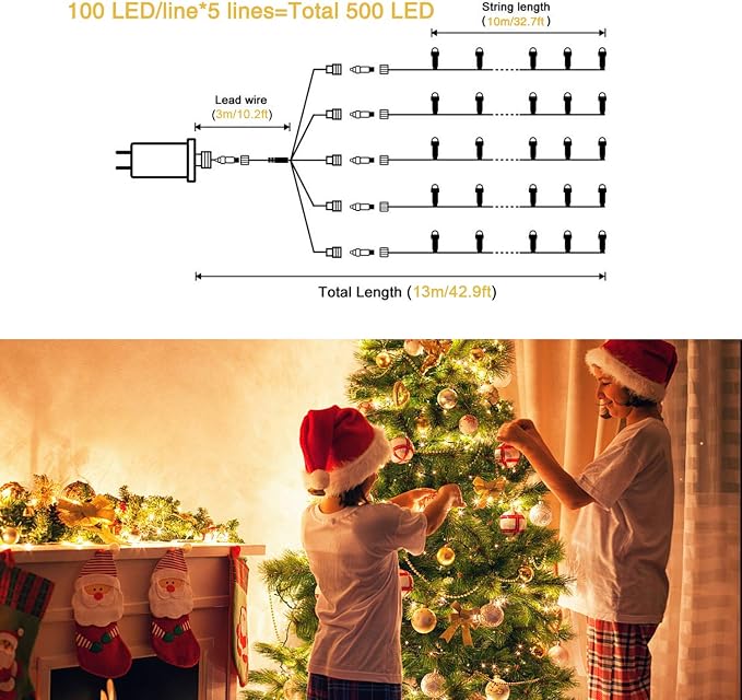 JMEXSUSS 500 LED Warm White Christmas Lights Indoor, 8 Modes Green Wire - Image 2