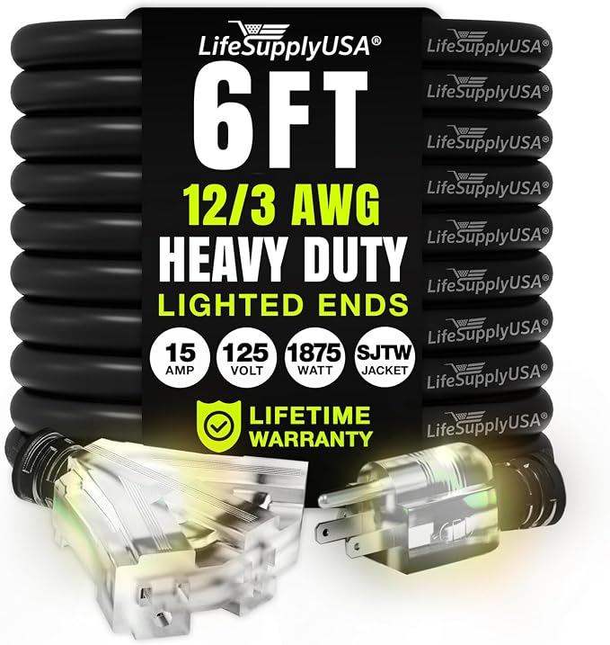 6ft Outdoor/Indoor Extension Cord 3-Outlet 12/3 Gauge Extra Heavy Duty 3 Prong by LifeSupplyUSA