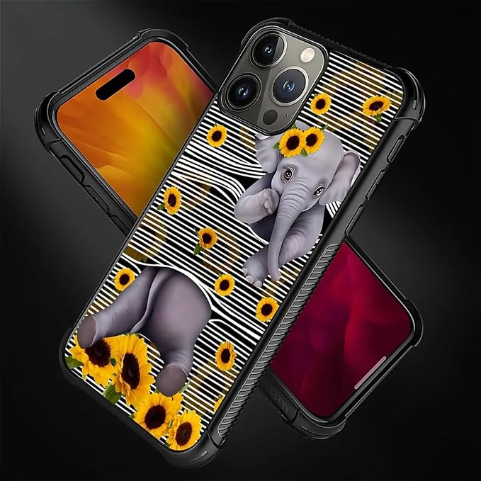 for iPhone 16 Pro Case, Cute Little Elephant Sunflower White Line Art Pattern - Image 6