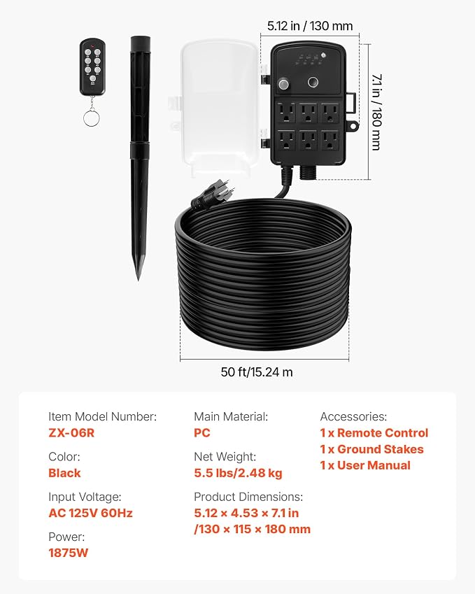 VEVOR Outdoor Power Stake Timer, 50FT Extension Cord, Remote Control Outdoor - Image 7