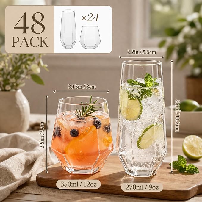 Oojami 48 Pack Diamond Clear Unbreakable Stemless Plastic Glasses 24 9oz - Image 8