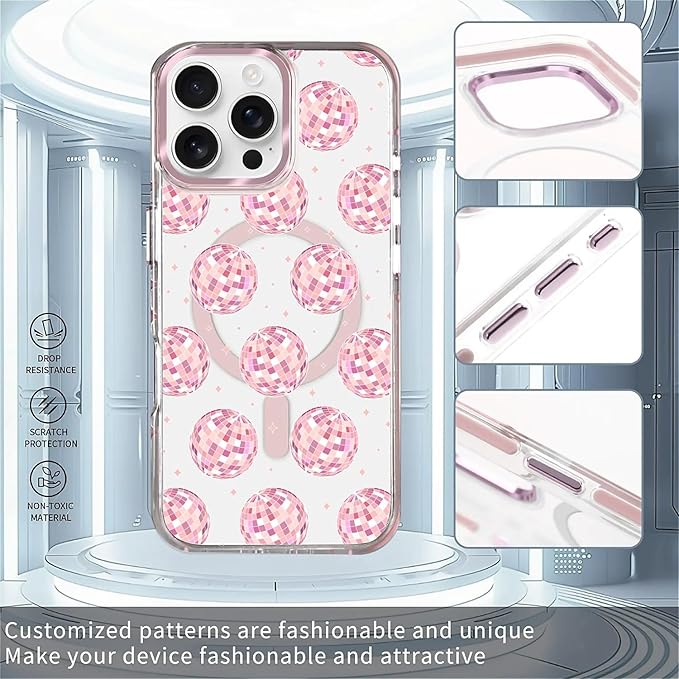 Case for iPhone 16 Pro, Disco Balls Pink Phone Case Design，for Women Girls - Image 2