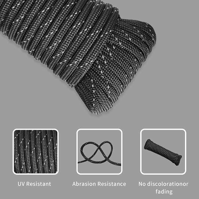 Paracord Rope, Reflective III Parachute Cord 7 Strand Core 550lb, 50ft Black - Image 4
