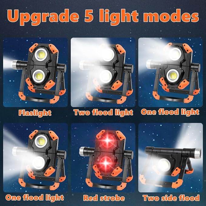 sunzone Rechargeable LED Work Light, Portable Flood Light Spotlight 2 in 1 Job - Image 3
