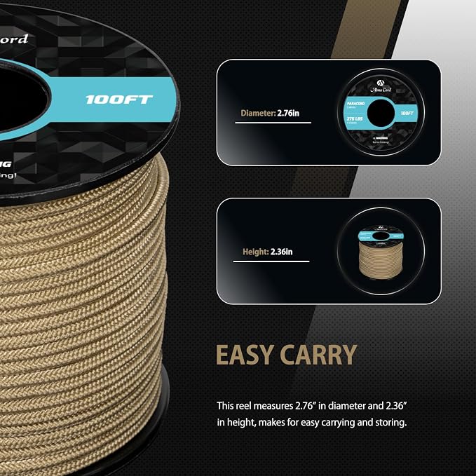 Abma Cord 2.4mm Paracord 275 100ft Nylon Rope 4 Strands Tactical Parachute Cord - Image 2