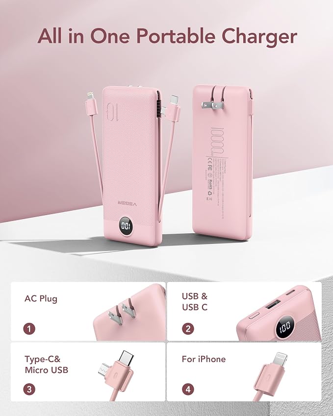 VEGER Portable Charger with Built-in AC Plug and Cables, All in One 10000mAh - Image 2