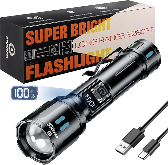 Esgofo Rechargeable Flashlights High Lumens 100000, Single Click Button Design by ESGOFO